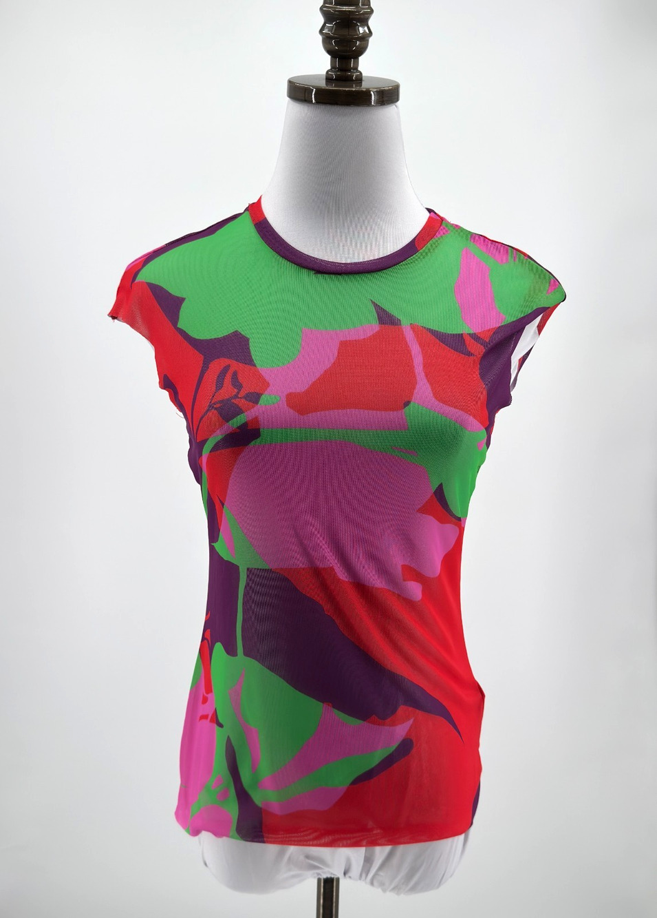 AFRM Nina Vibrant Abstract Multicolor Floral Mesh Cap Sleeve Top Sz M